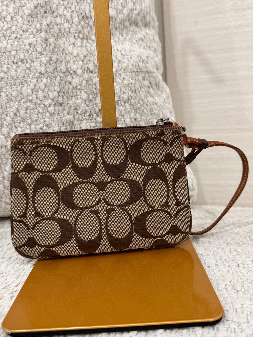 Coach Brown Signature Canvas Wristlet with Leather Strap